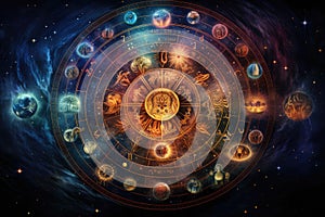 Astronomical clock. Zodiac signs. Zodiac background, AI Generated