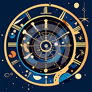 Astronomical clock with zodiac signs. Horoscope and astrology concept. Vector illustration Generative AI