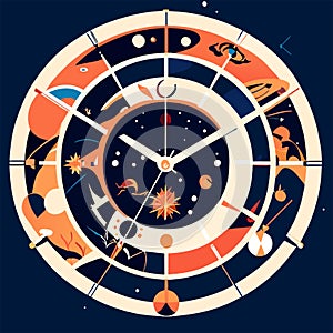 Astronomical clock with zodiac signs, vector illustration in flat style AI Generated