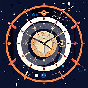 Astronomical clock with zodiac signs. Vector illustration in flat style generative AI