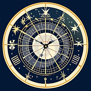 Astronomical clock with zodiac signs. Vector illustration in retro style. Generative AI