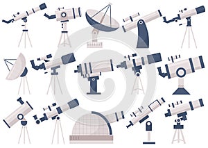 Astronomical telescopes isolated set with radio, orbital item, satellite dish, portable equipment