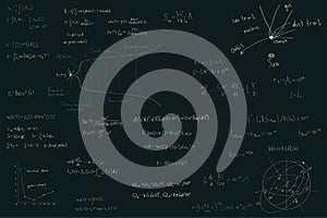 Astronomy and astrophysics, formulas for physics mathematics and astronomy on a dark green chalk Board.