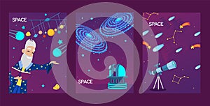 Astronomy banners, vector illustration. Space research station, observatory telescope. Old astronomer cartoon character