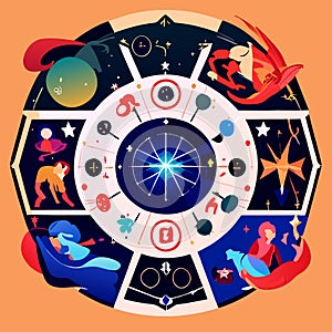 Astronomy concept with zodiac signs and horoscope symbols, flat vector illustration Generative AI