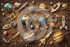 Astronomy Day Celebration with Telescopes, Planets, and Celestial Phenomena on Wooden Background photo
