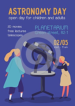 Astronomy day colorful promo poster with place for text. Cartoon girl looking into telescope with mother vector flat