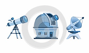 Astronomy discovery equipment set. observatory dome, telescope, planetarium and satellite dish cartoon flat illustration vector is