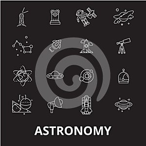 Astronomy editable line icons vector set on black background. Astronomy white outline illustrations, signs, symbols