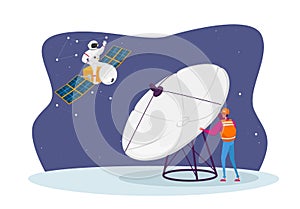 Astronomy Engineer Character Research Outer Space with Huge Antenna, Astronaut Flying on Satellite. Galaxy Research