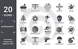 astronomy icon set. include creative elements as moonwalker, space junk, little extraterrestial, simulator, space station, jet