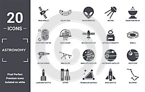 astronomy icon set. include creative elements as space module, radar pointing up, astronaut ingravity, mars with satellite,