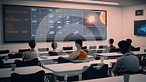 Astronomy lesson at school children sit at their desks view from the back. Generative ai