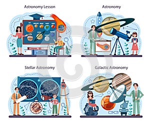 Astronomy school subject set. Students looking through a telescope