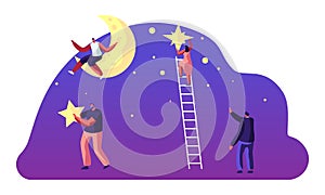 Astronomy Science, Man Sitting on Moon, Characters on Ladders Put Stars on Night Sky, People Studying Space, Cosmos Exploration