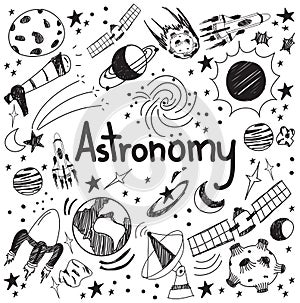 Astronomy science theory and drawing doodle handwriting icon of