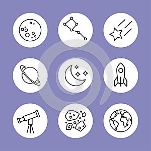 Astronomy set icons. Linear style. Isolated background