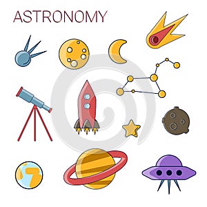 Astronomy simple flat icon set. Set of Flat Line Stroke Vector Astronomy and Space Icons. Moon, rocket, satellite, Earth