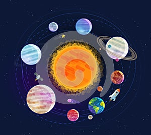 Astronomy, space, astrology concept. Solar system, planets, stars. Cartoon vector illustration