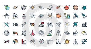 Astronomy and space exploration observation science icons set