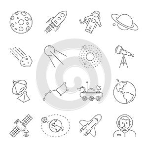 Astronomy and Space symbols collection. Thin line icons of the space theme. Contains such icons as Moon, Saturn, Earth