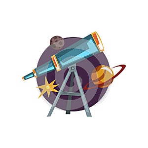 Astronomy symbols, spyglass, telescope, stars and planets cartoon vector Illustration