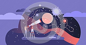 Astronomy vector illustration. Tiny space research study persons concept.