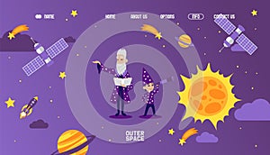 Astronomy website for children, vector illustration. Old astronomer teacher and young boy cartoon characters, flat style