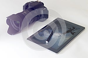 Astrophotography concept, DSLR, digital tablet