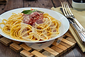 asty colorful appetizing cooked spaghetti italian pasta with tomato sauce bolognese
