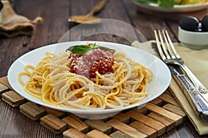 asty colorful appetizing cooked spaghetti italian pasta with tomato sauce bolognese