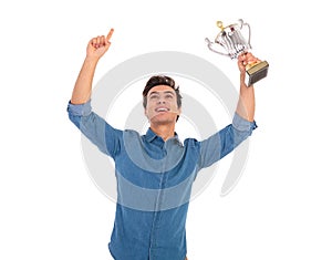 Asual man with hands in the air celebrating success