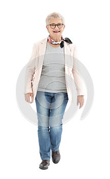 Asual woman walking from side to side isolated over a white background