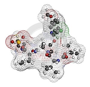 Asunaprevir hepatitis C virus (HCV) drug molecule. Atoms are represented as spheres with conventional color coding: hydrogen (