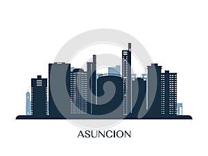 Asuncion skyline, monochrome silhouette.