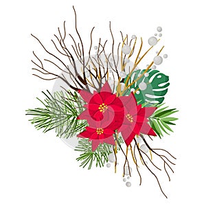 Asymmetric Christmas composition of live plants and dry branches. Hand drawing. Holiday decor.