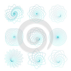 Asymmetric Guilloche rosettes set for backgrounds of certificate,diploma and money banknote. Thin trendy Watermark