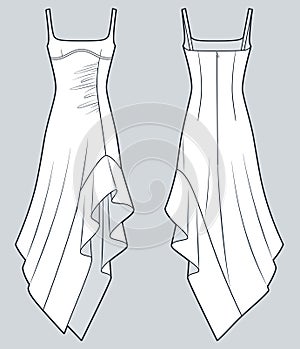 Asymmetric maxi Dress technical fashion illustration. Ruffle Dress fashion flat technical drawing template, square neckline photo