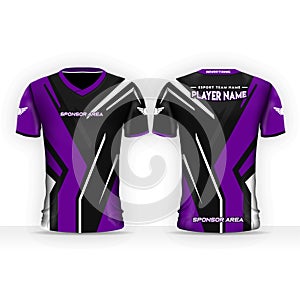 Asymmetric t-shirt design for online gaming or E-sports player, black and purple gaming t-shirt