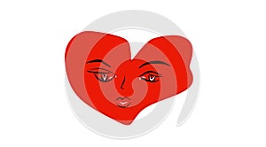 Asymmetrical red heart with a melancholic sad  face, white background,  minimalistic style