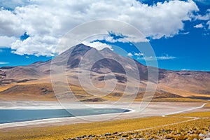 Atacama Altiplana desert, Laguna Miscanti salt lake and mountains landscape, Miniques in Chile, South America