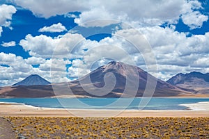 Atacama Altiplana desert, Laguna Miscanti salt lake and mountains landscape, Miniques in Chile, South America