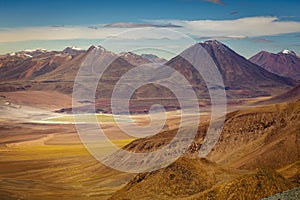 Atacama desert, volcanoes, Lake Lejia and arid landscape in Northern Chile photo