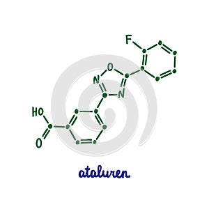 Ataluren hand drawn vector formula chemical structure lettering blue green