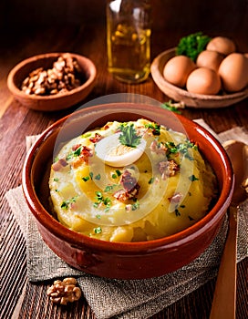 Atascaburras, also called ajo mortero, is a dish from Castilla la Mancha with potatoes, garlic, cod and eggs photo
