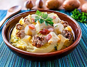 Atascaburras, also called ajo mortero, is a dish from Castilla la Mancha with potatoes, garlic, cod and eggs photo