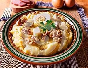 Atascaburras, also called ajo mortero, is a dish from Castilla la Mancha with potatoes, garlic, cod and eggs photo