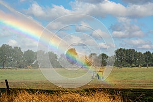 Ð¡atastrophic drought and heat in Europe, nature disaster, irrigation of grass fields and colorful water rainbow
