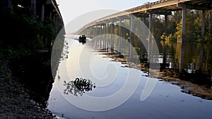 Atchafalaya swamp bridge at sunset in Louisiana.