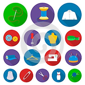 Atelier and sewing flat icons in set collection for design. Equipment and tools for sewing vector symbol stock web